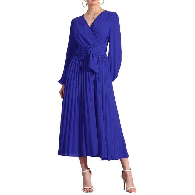 INSPIRE CHIC Vestido Plisado Elegante para Mujeres con Cuello en V Cruzado, Manga Abullonada, Cintura Ajustable, Vestidos A-Line M Azul Real