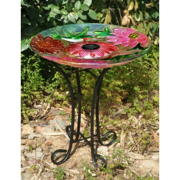 SOLAR FLORAL GLASS HUMMINGBIRD BATH WITH STAND