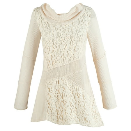 Women's Cream Tunic Sweater - Lace Cowl Neck Asymmetrical ...