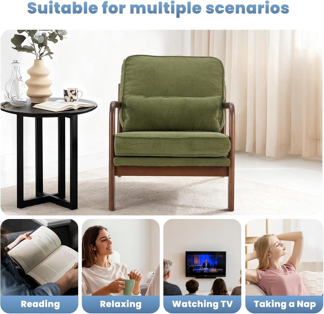 Simenmax Mid Century Modern Accent Chair, Lounge Chair with Cushion, Solid Wood Chair with Arms, Reading Chair for Living Room, Bedroom,Green