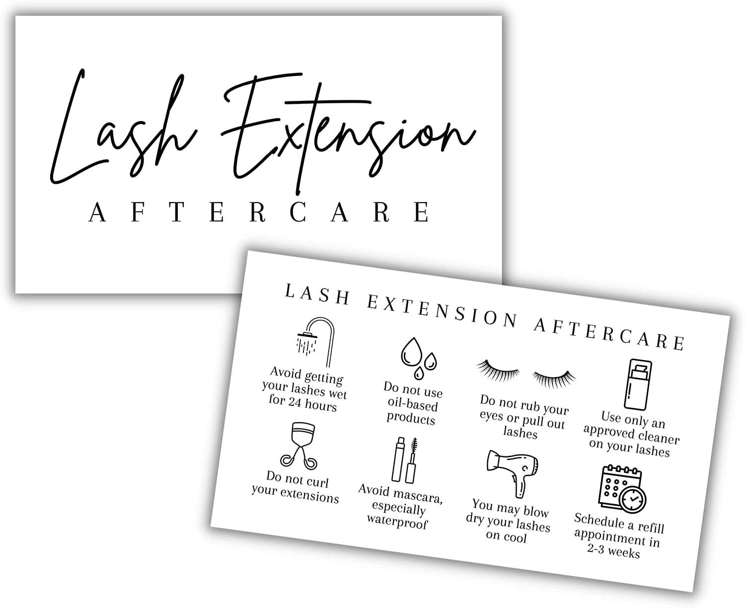Lash Aftercare Extension Care Cards 50 Pack Eyelash False 2 x 3.5 ...
