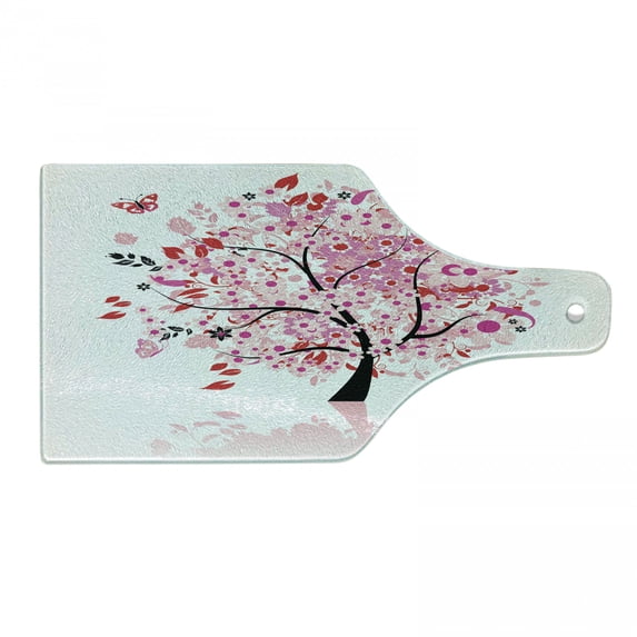 Tree Cutting Board, Abstract Tree with Floral Burst Blossoms Daisies Leaves Butterflies Forest, Decorative Tempered Glass Cutting and Serving Board, Wine Bottle Shape, White Brown Pink, by Ambesonne