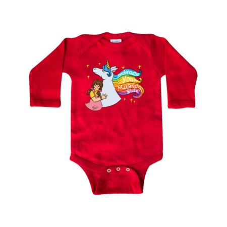 

Inktastic Embrace Your Magical Side Girl Hugging A Unicorn Gift Baby Boy or Baby Girl Long Sleeve Bodysuit