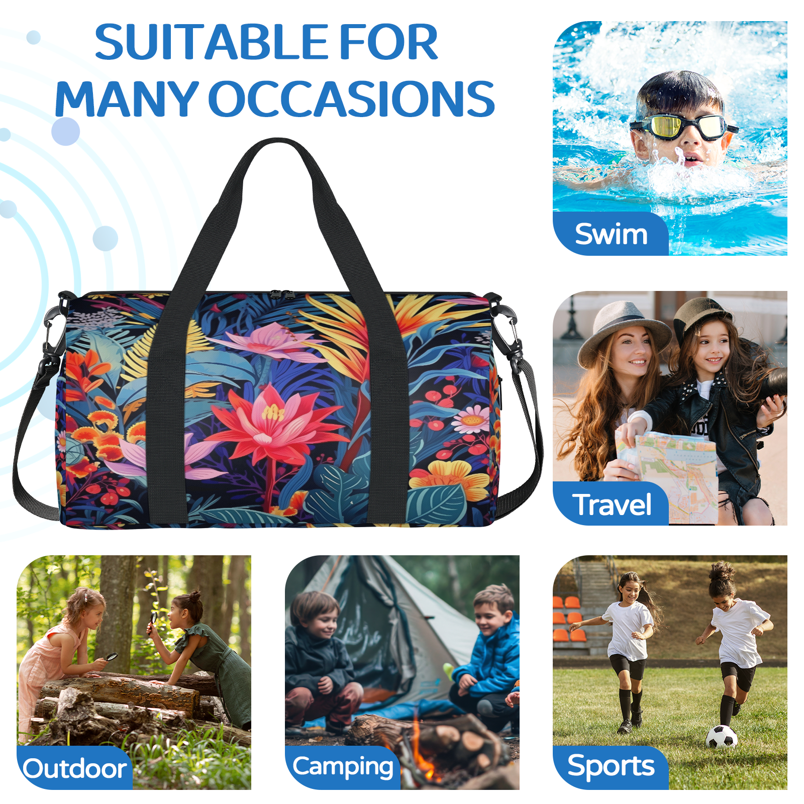 Herdesigns Colorful Floral Travel Duffle Bag Sports Yoga Weekender Overnight Carry on Workout Bags Lightweight Waterproof Gym Tote Bag for Women