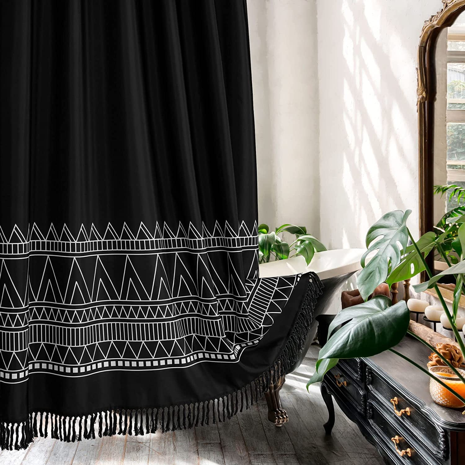 Black Shower Curtain with Tassel Striped Boho Shower Curtain Polyester