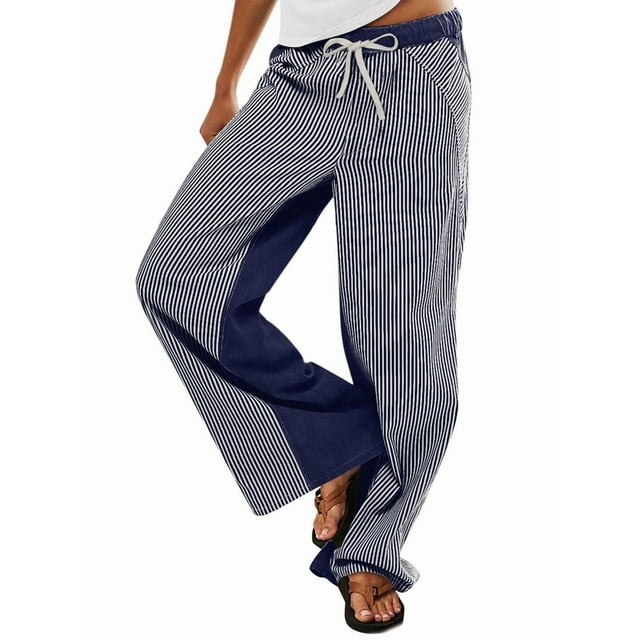 Low Rise Striped Pants for Women Pull on Drawstring Boho Wide Leg Jeans Trendy Navy Blue S