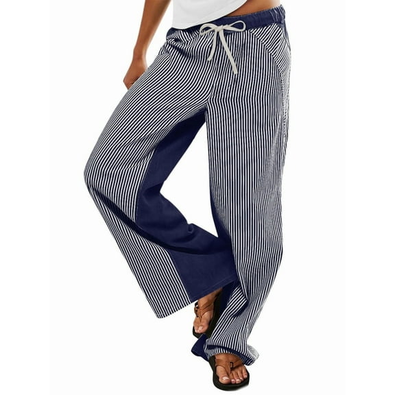 Low Rise Striped Pants for Women Pull on Drawstring Boho Wide Leg Jeans Trendy 2025 Navy Blue XL