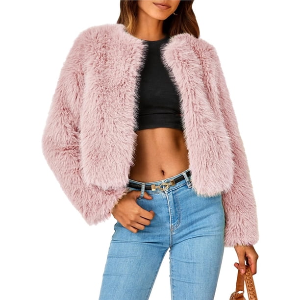 Abrigos de Invierno para Mujer, Chaqueta Corta de Forro , de Piel Sintética, Larga, Bolsillos, Abrigos Peludos y Cálidos, Ropa de Otoño. Rosa M