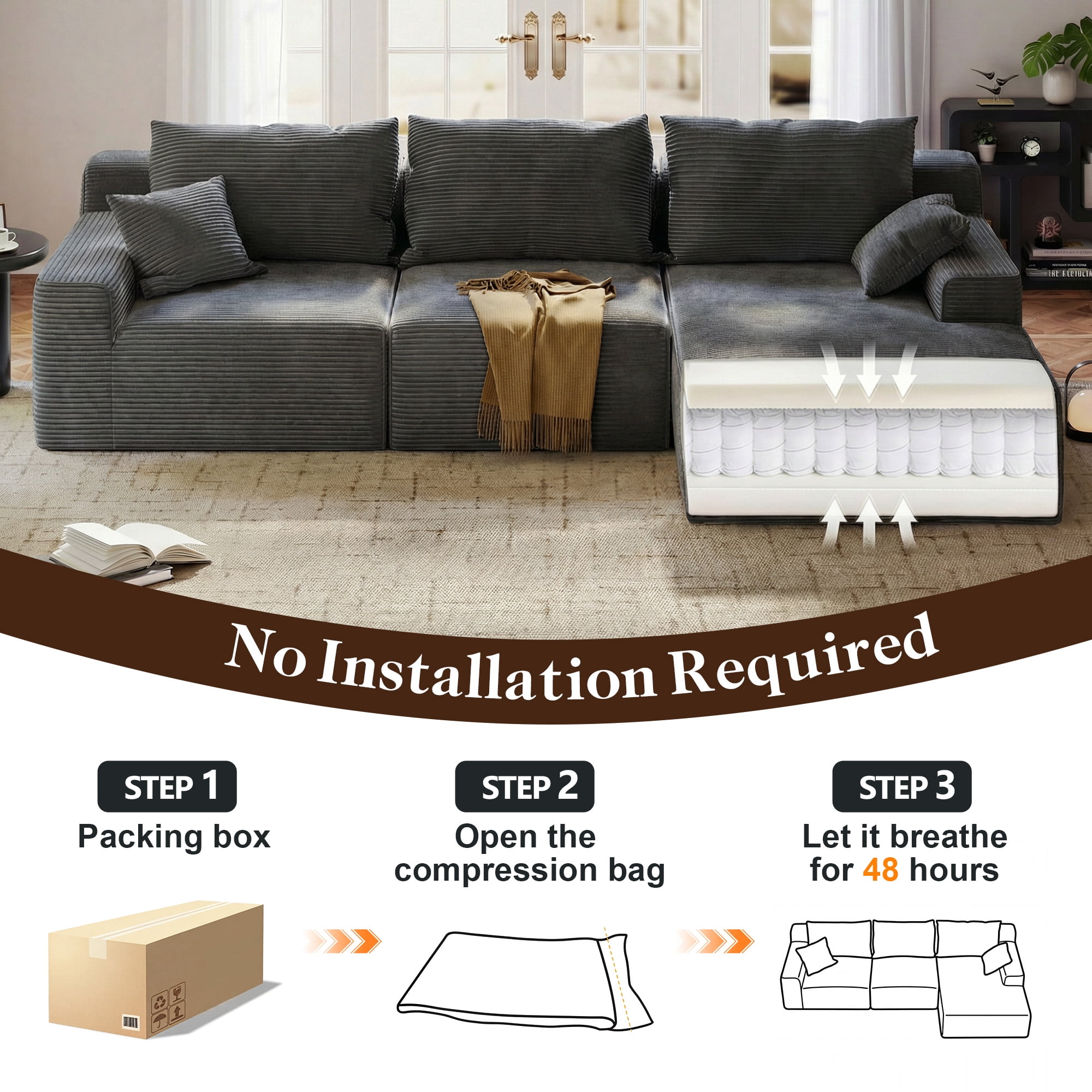 EnHomee Modular L-Shaped Couch for Livingroom Convertible Cloud Sofa  Boneless Sectional  Couch for Home, Grey(Corduroy)