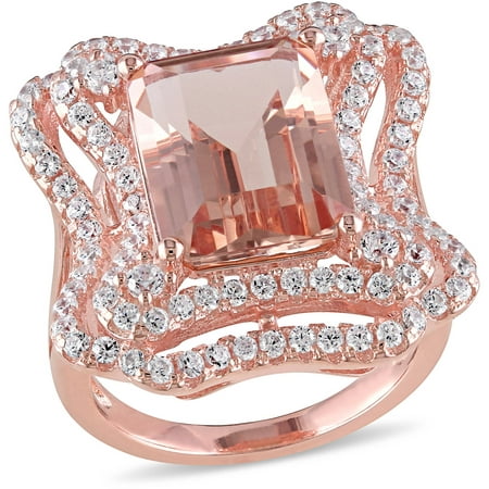Tangelo 8-1/8 Carat T.G.W. Simulated Morganite and Cubic Zirconia Rose Rhodium-Plated Sterling Silver Double Halo Cocktail Ring