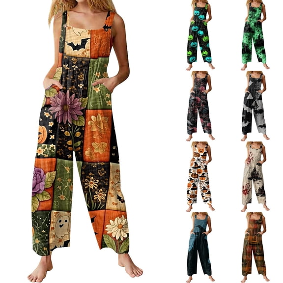 Halloween Jumpsuits for Women Baggy Pumpkin Print Cotton Linen Casual Sleeveless with Pockets