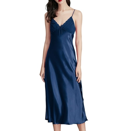 

Sexy Dance Ladies Night Gowns V Neck Sleep Dress Sleeveless Nightgowns Lounge Pajama Strappy Nightdress Sleepwear Navy Blue 2XL