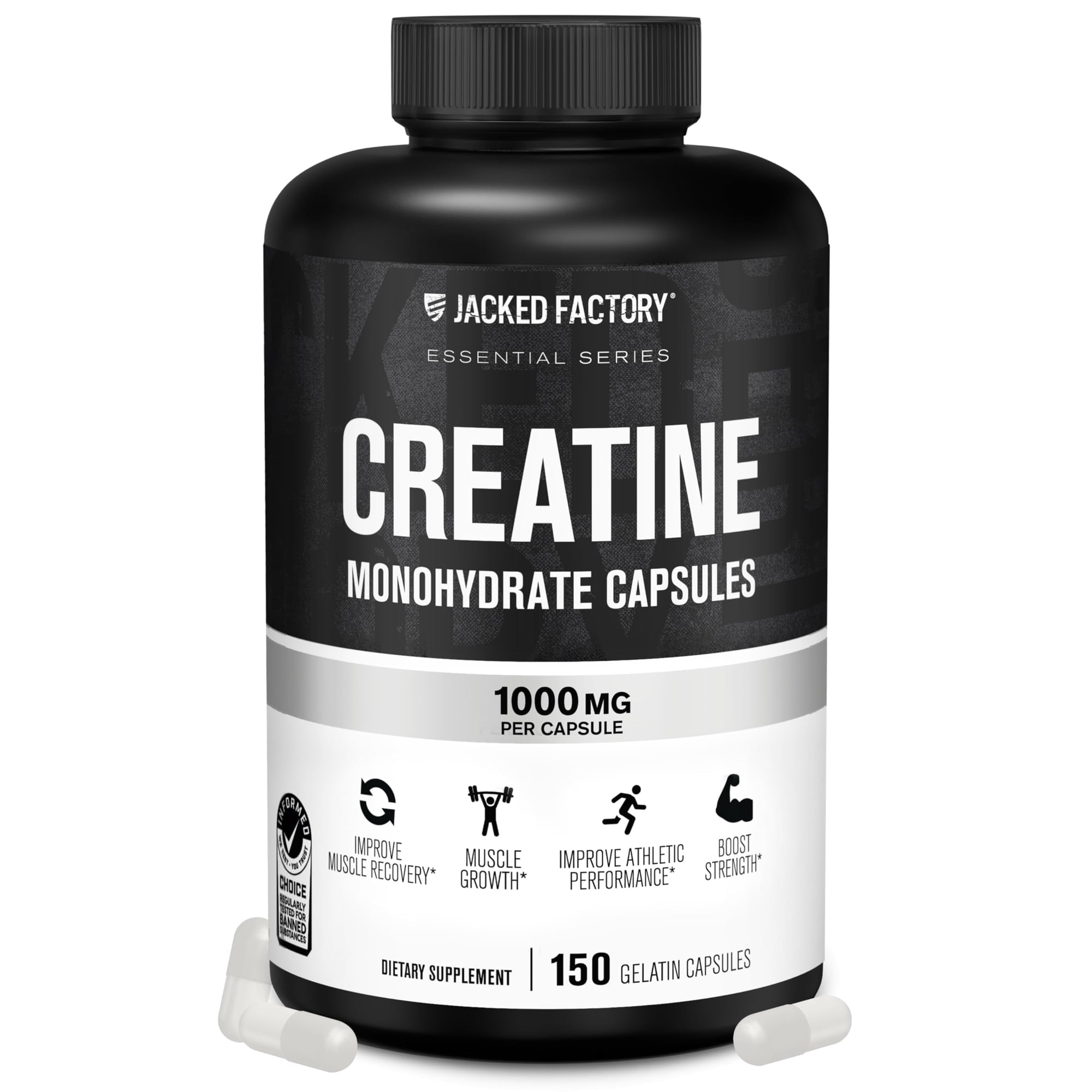 Jacked Factory Creatine Monohydrate Capsules - Creatine Pills for Muscle Growth, Increased Strength, Enhanced Energy Output and Improved Athletic Performance - 150 Capsules