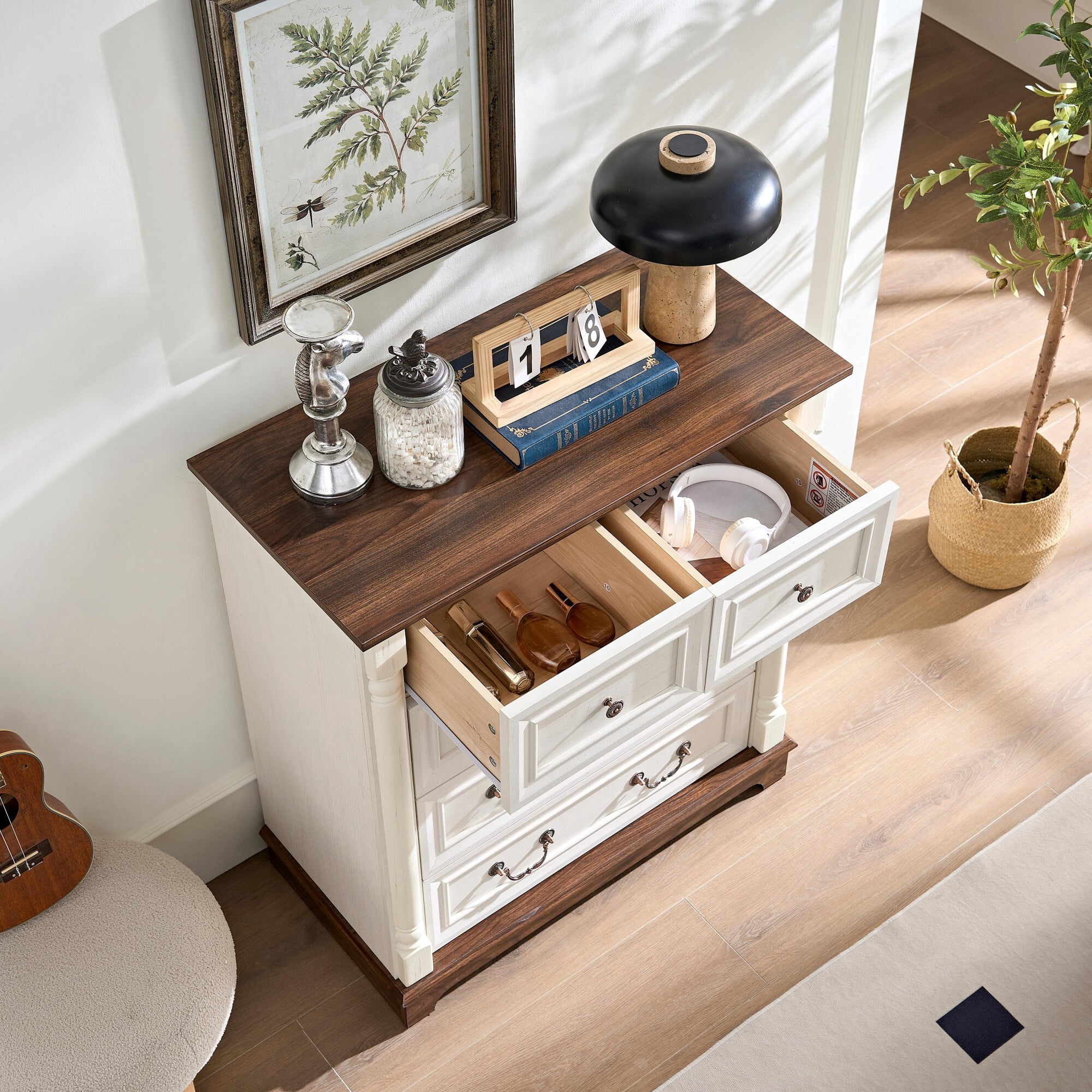 DEALTOPS 5-Drawer Farmhouse Dresser, Vertical Storage Chest with Solid Wood Columns, Shabby Chic Cabinet, White