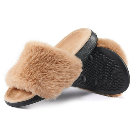 

Puxowe Women Slides Faux Fur Fuzzy Slippers Indoor Outdoor Non Slip Open Toe Flat Sandal Black Size 8 US