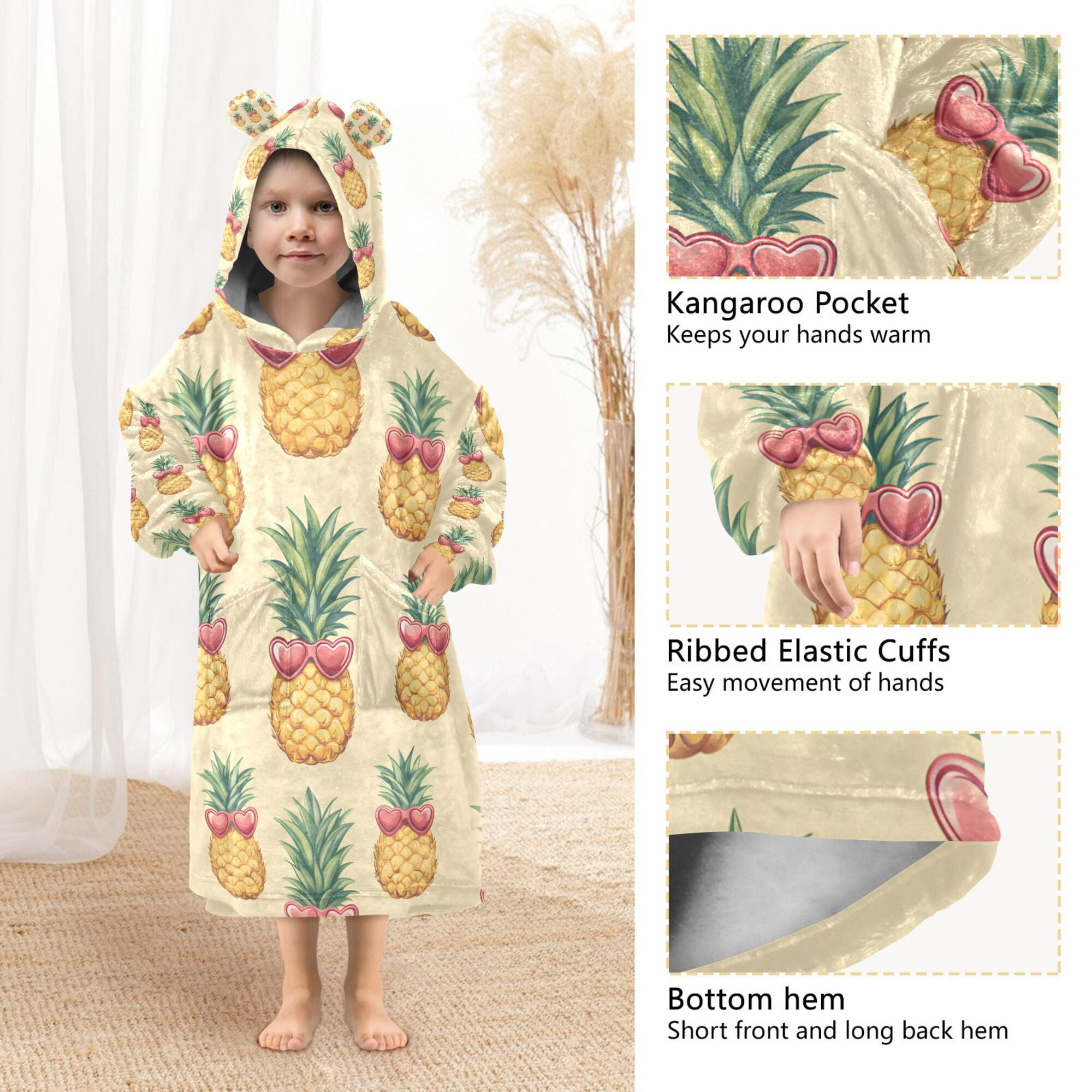 FORMRS Wearable Blanket Hoodie with Sleeves for Kids Cozy Flannel Sweatshirt, Sunshine Pineapples