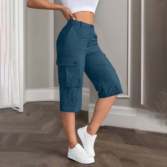 Bermuda Cargo Shorts for Women Casual High Waisted Loose Wide Leg Shorts with Pockets Navy XL