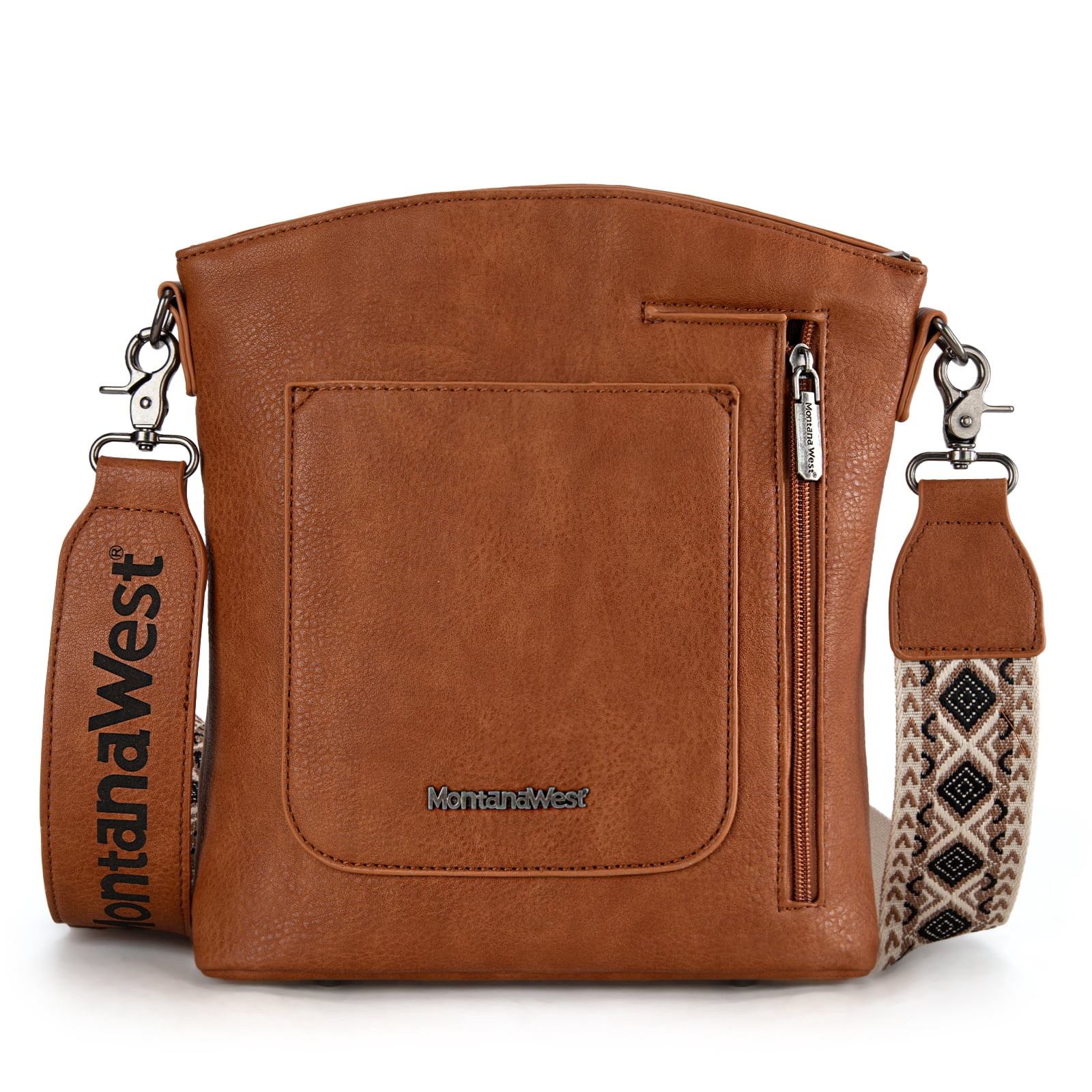 Montana West Multi Zip Pocket Large Crossbody Bag With Guitar Strap, Brown/Beige