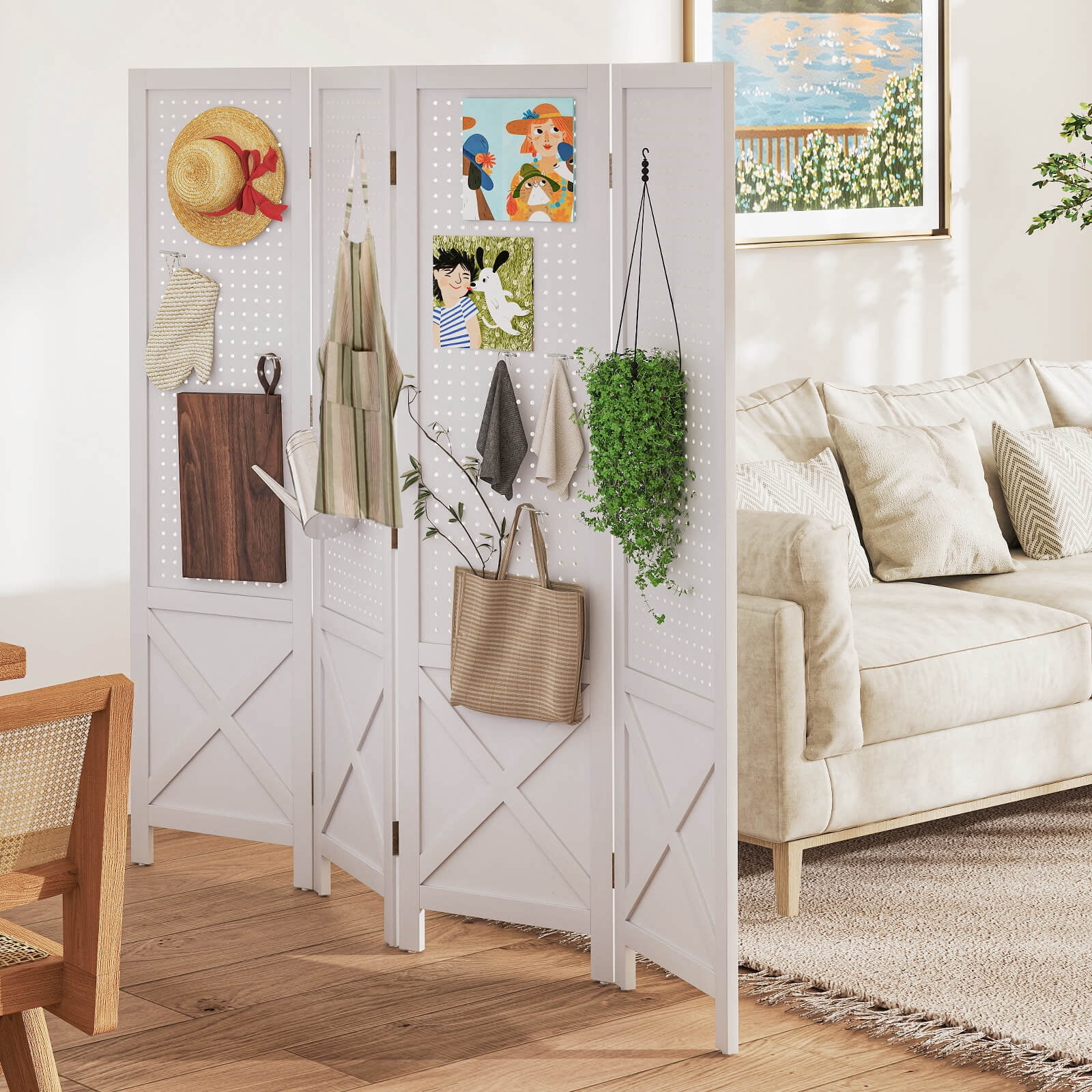 Costway 4-Panel Pegboard Display Stand, 4.7 FT Folding Room Divider, Freestanding Screen White