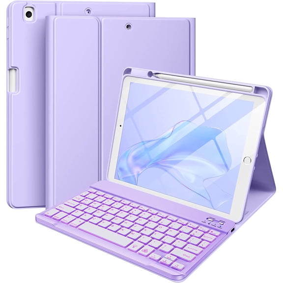 Tivkeber for iPad 9th/8th/7th Gen 10.2", Pro 10.5", Air 3rd Gen Keyboard Case, Backlit Wireless Detachable Folio Cover w/Pencil Holder (Purple)