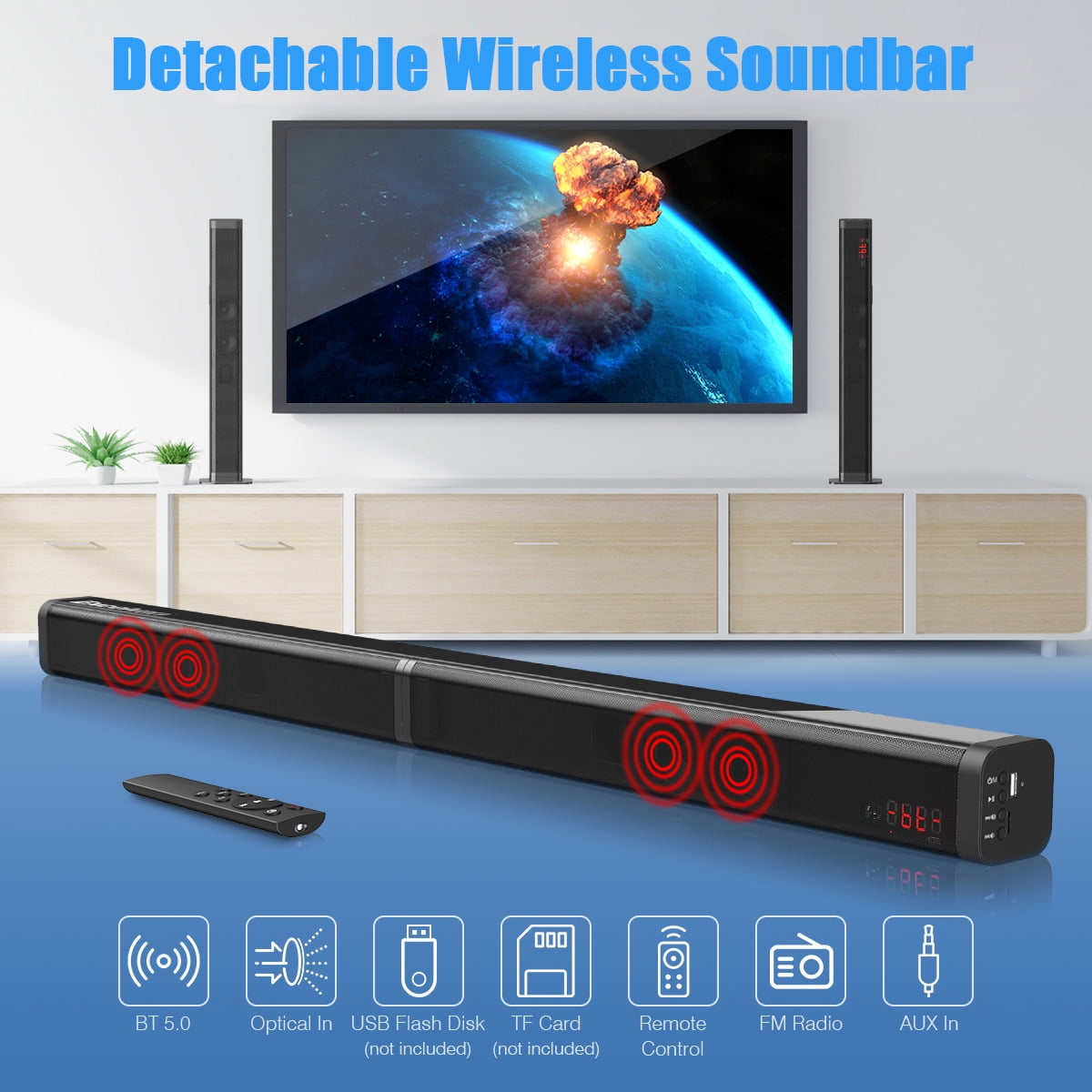Soundbar, TV Sound Bar with Wireless Builtin Subwoofer, AUX Cable