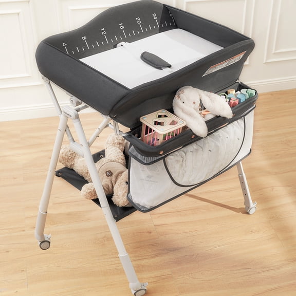 Babyeap Baby Changing Table with Wheels, Portable Foldable Diaper Changing Station with Adjustable Height & Waterproof Pad, Nursery Organizer Storage for Newborn & Infant