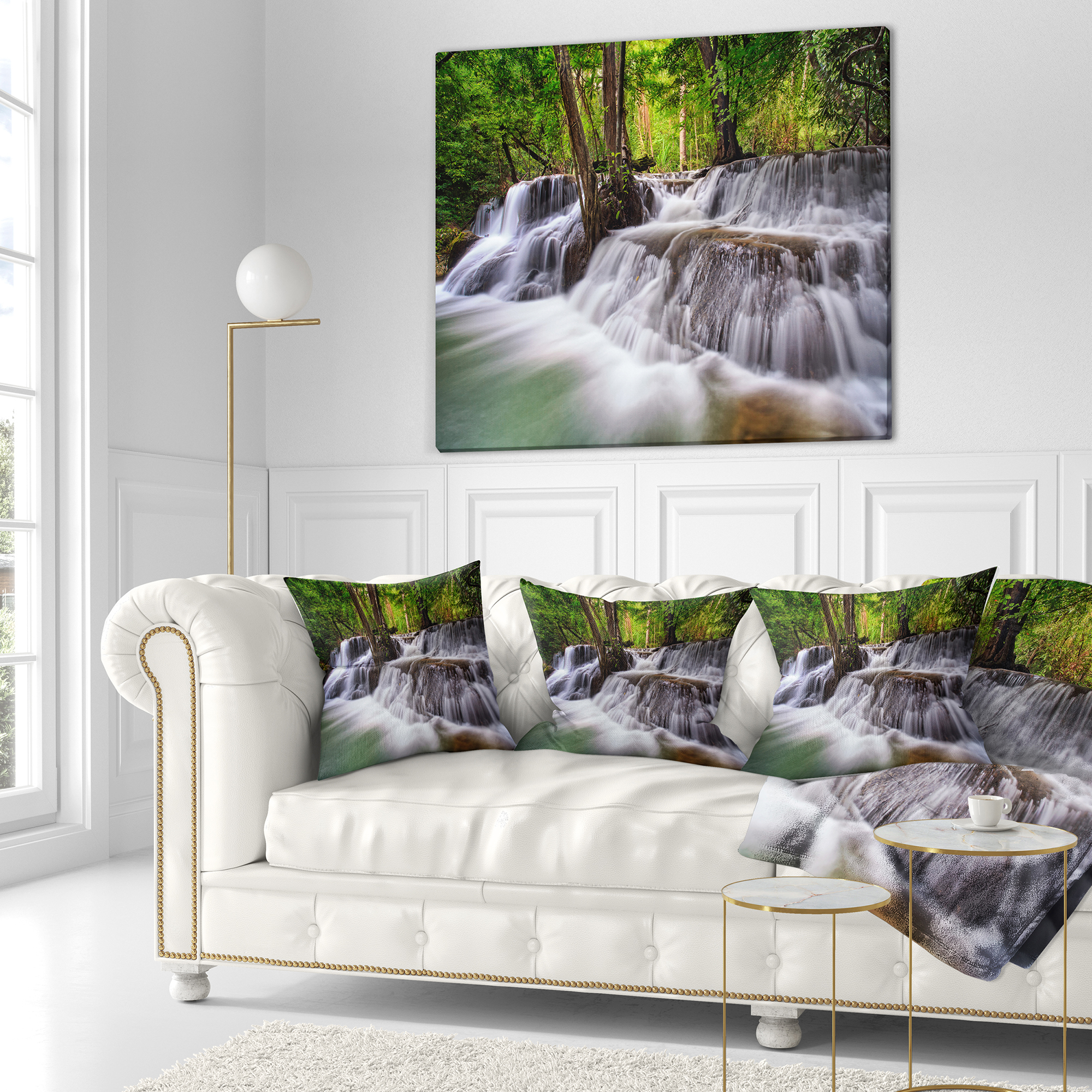 Designart Waterfall Huai Mae Kamin - Landscape Printed Throw Pillow - 16x16