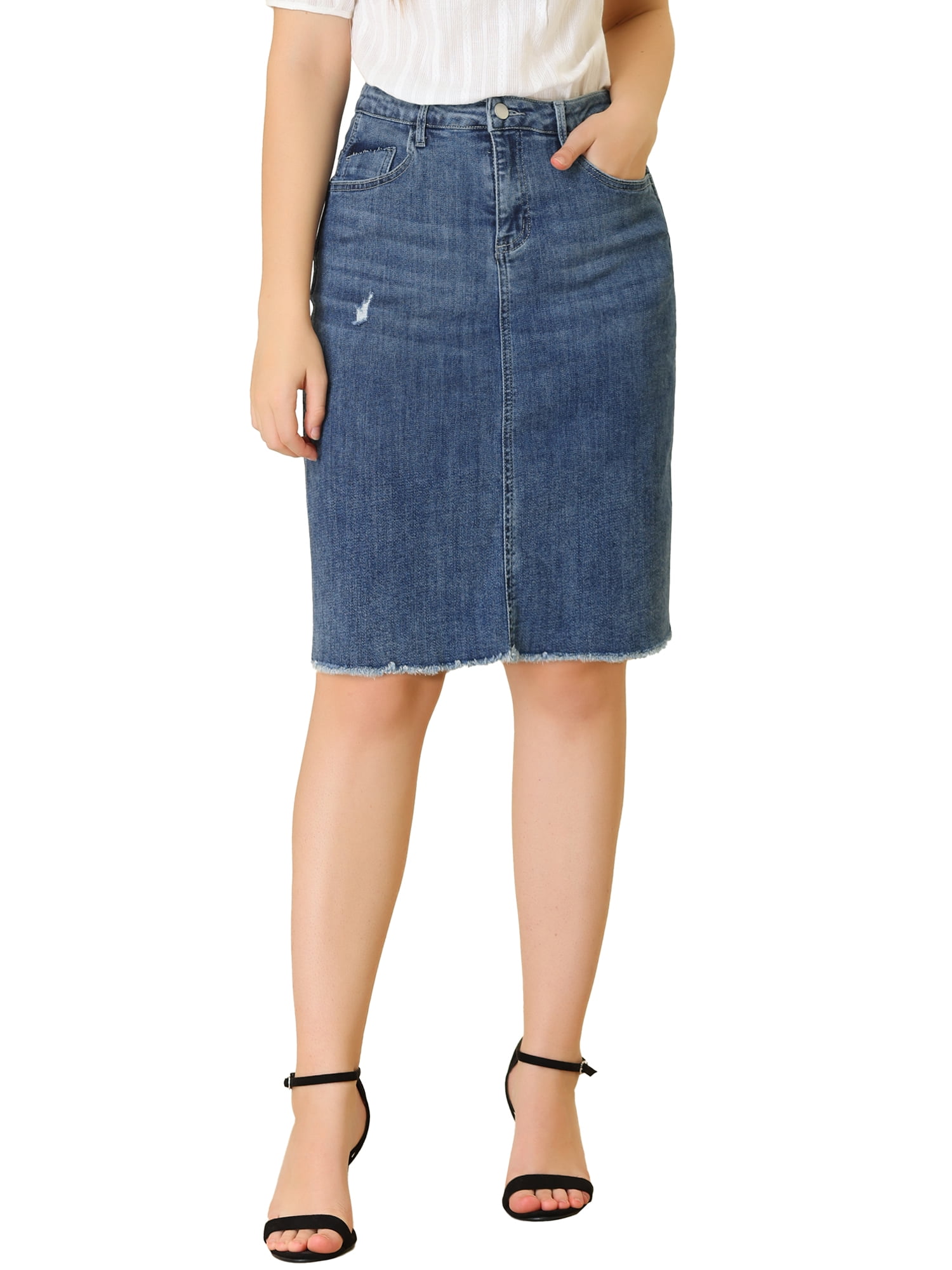 DARING DIVA Women's Ripped Hem Washed Jeans Denim Skirt L Dark Blue