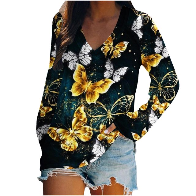 Hauts à Manches Longues pour Femmes, Mode Décontractée, Chemise à Manches Longues avec Imprimé Papillon, Col en V
