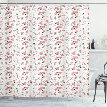 Flowers Insects Shower Curtain, Hand Drawn Print of Dragonflies in Pastel Tones, Fabric Bathroom Set with Hooks, 69W X 84L Inches Extra Long, Pastel Pink Pale Peach Dark Grey White, by Ambesonne