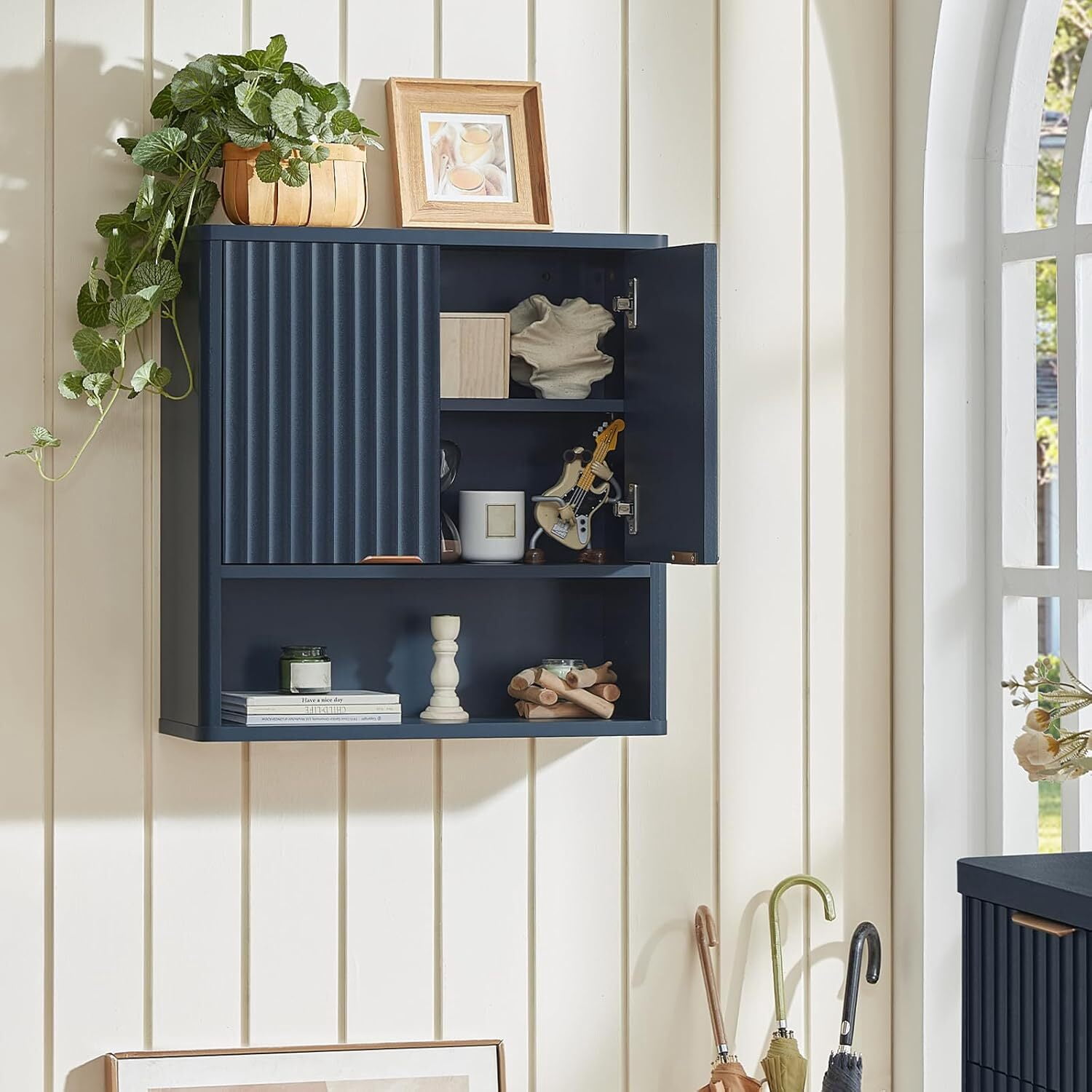 Leyaoyao Fluted Bathroom Cabinet Wall Mount, Adult Medicine Cabinet Storage Organizer with Doors and Adjustable Shelves, Navy