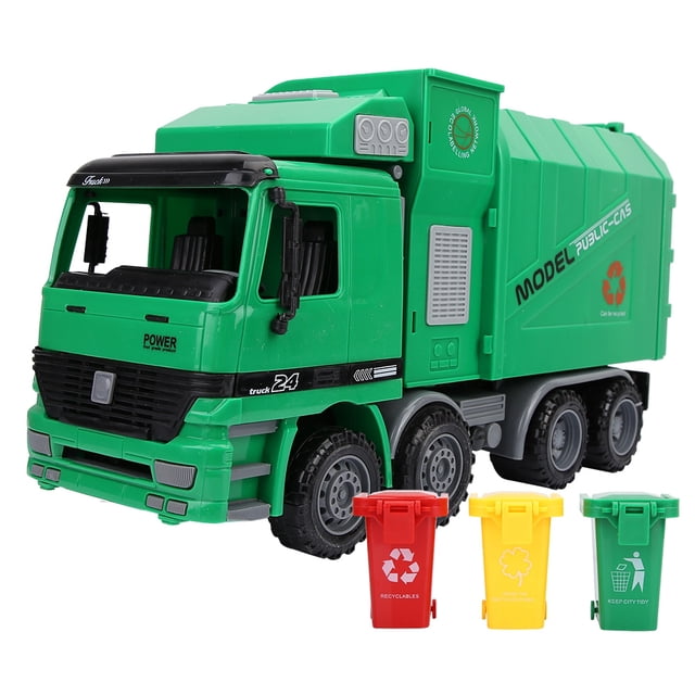 Camión de basura de inercia de simulación para niños, modelo de coche de saneamiento, juguetes con tres contenedores de basura
