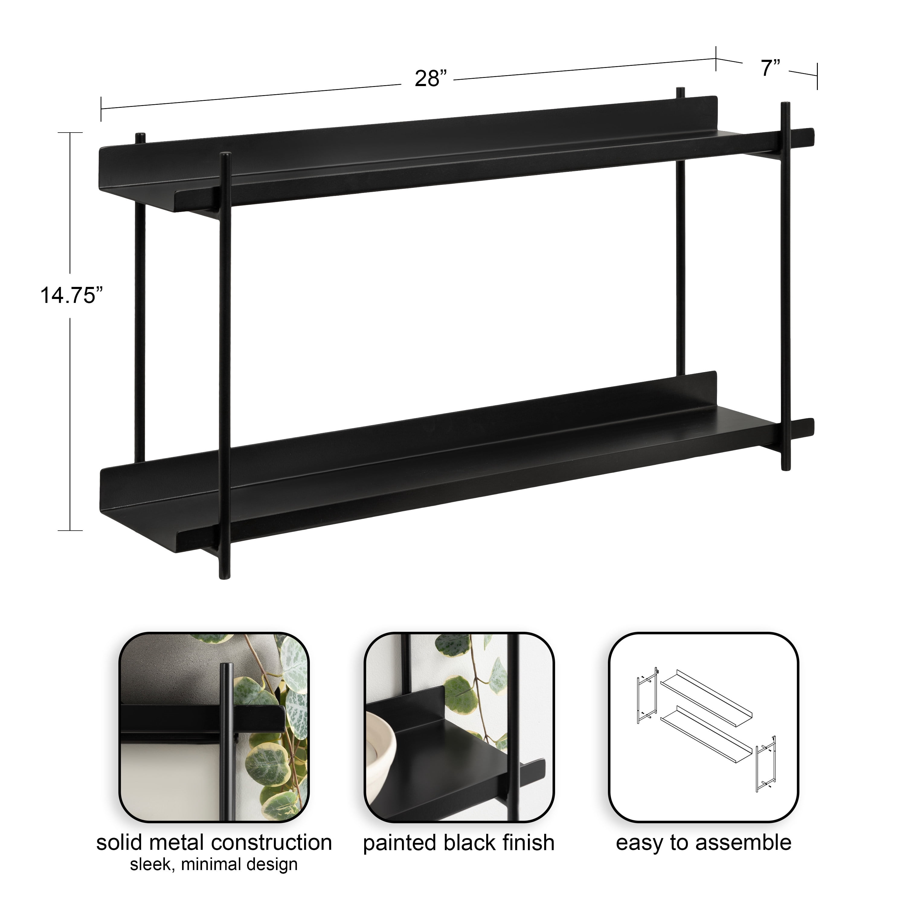 Kate and Laurel Dominic Modern Metal Bathroom Shelf, 28 x 7 x 15, Black, Contemporary Sleek 2-Tier Floating Shelves for Wall Decor, Display, and Over Toilet Storage