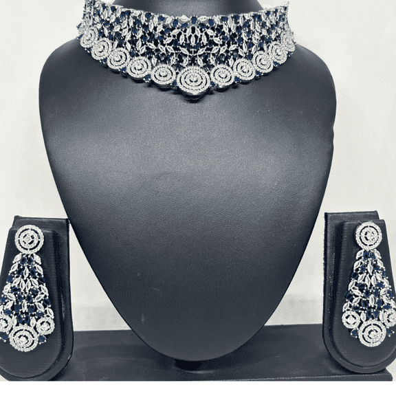 Kajaro Designs Jewels Indian Bridal CZ Choker Necklace Set with Earrings and Maangtika for Women | Blue AD Stones Jewelry for Wedding and Engagement