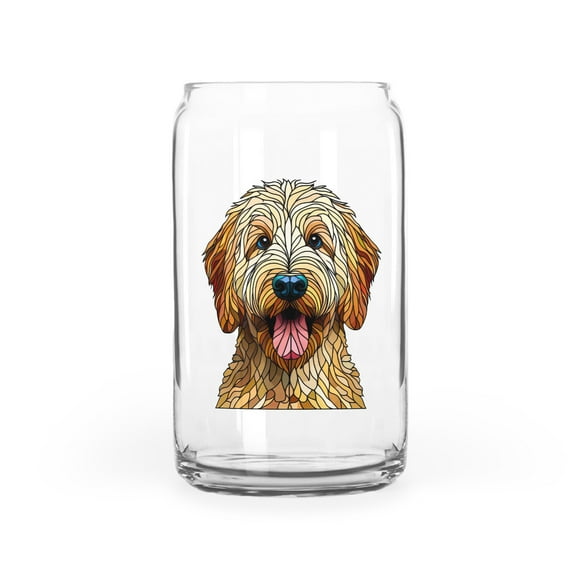 Patriotic Goldendoodle Stained Glass Portrait American Flag 16oz Glass Cup Mug Doodle Dog Lover Gifts Idea Glass Can - 01010