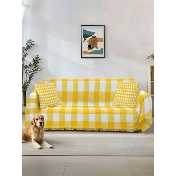 Yellow Couch Cover for Dogs, Country French Rustic Buffalo Plaid Modern Art Washable Sofa Covers Slipcover for Pets Dogs Futon Cover, Couch Recliner Covers, Oversized Chair Slipcover 71"x91"
