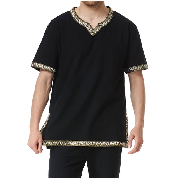 Camisas de Manga Corta de los Hombres Estilo Étnico Impreso Hendidura Cuello en V, Ligero Top Transpirable para la Primavera Y el Verano