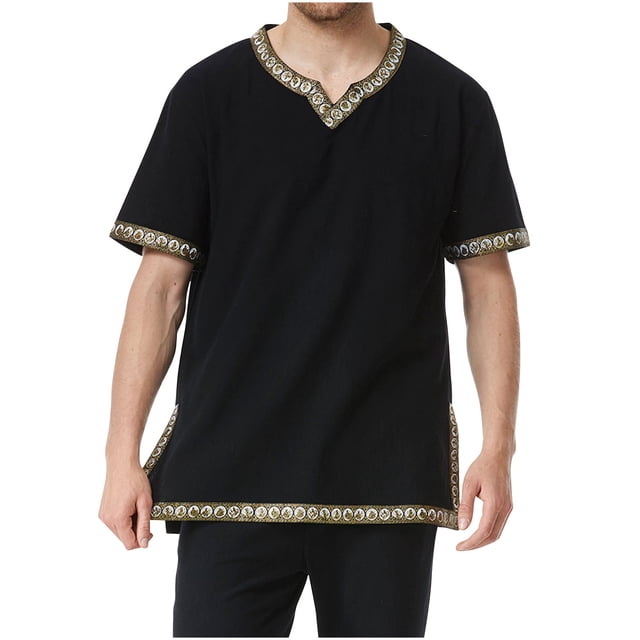 Camisas de Manga Corta de los Hombres Estilo Étnico Impreso Hendidura Cuello en V, Ligero Top Transpirable para la Primavera Y el Verano
