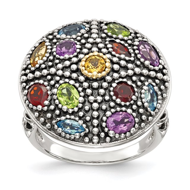Sterling Silver Two Tone Silver And Gold Plated Sterling Silver w/Antiqued Multi Gemstone Ring