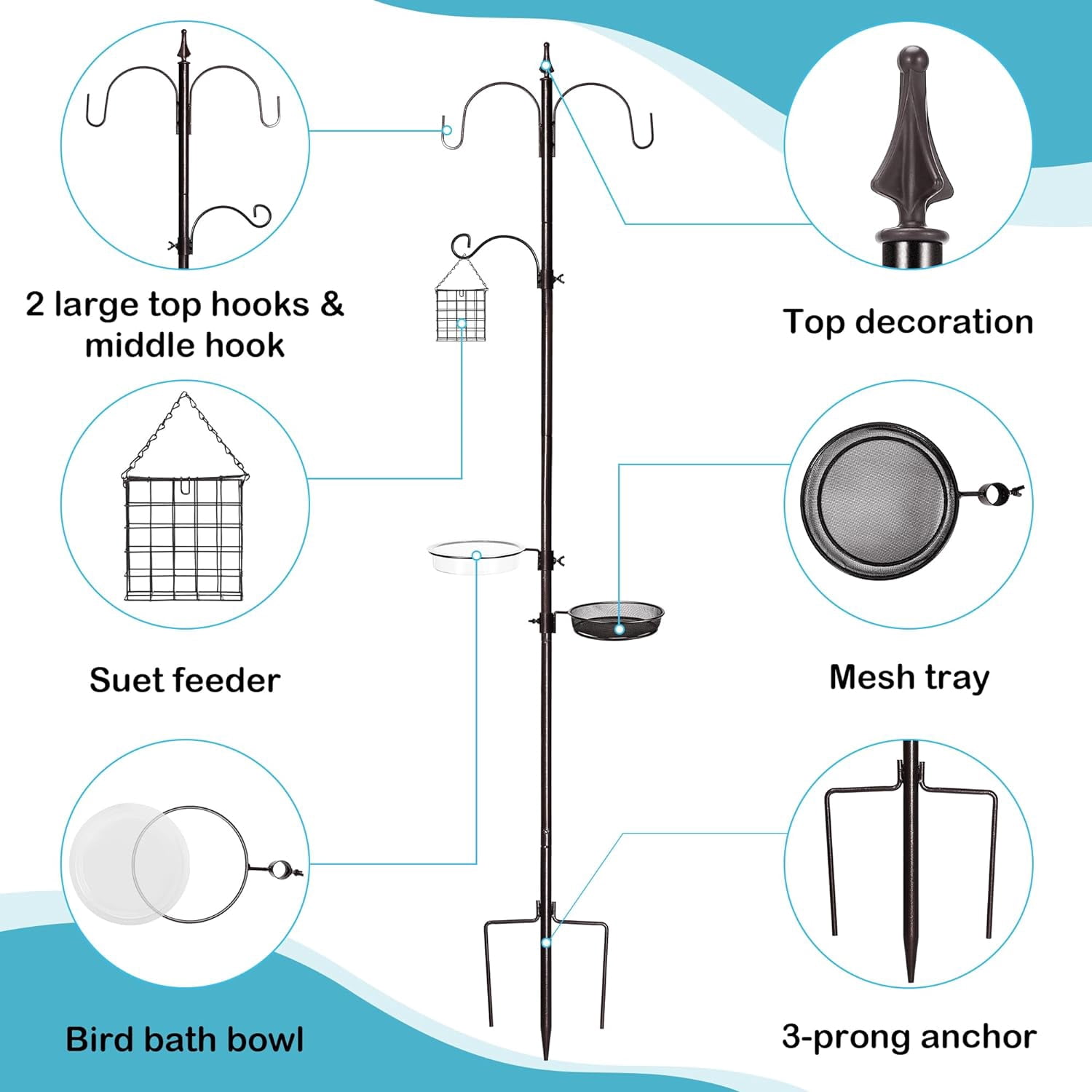 6-Hook Bird Feeding Station Kit Wild Bird Feeder Stand Pole, Multi-Feeder Hanging Kit Stand with Water Bowl