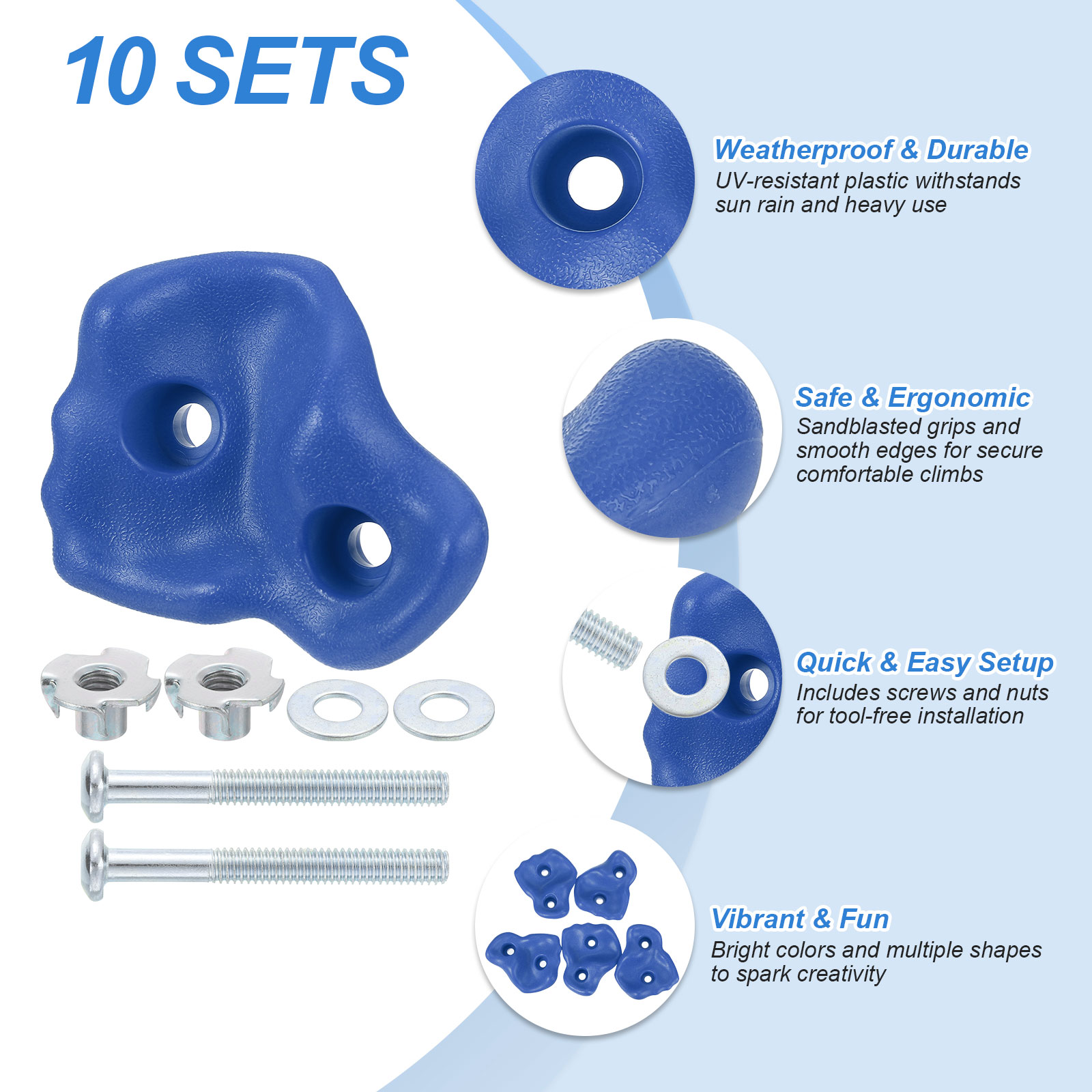 Rock Climbing Holds, 10 Pcs Large Climbing Rock Wall Grips with Double Hole for Playground Accessory, Blue-A