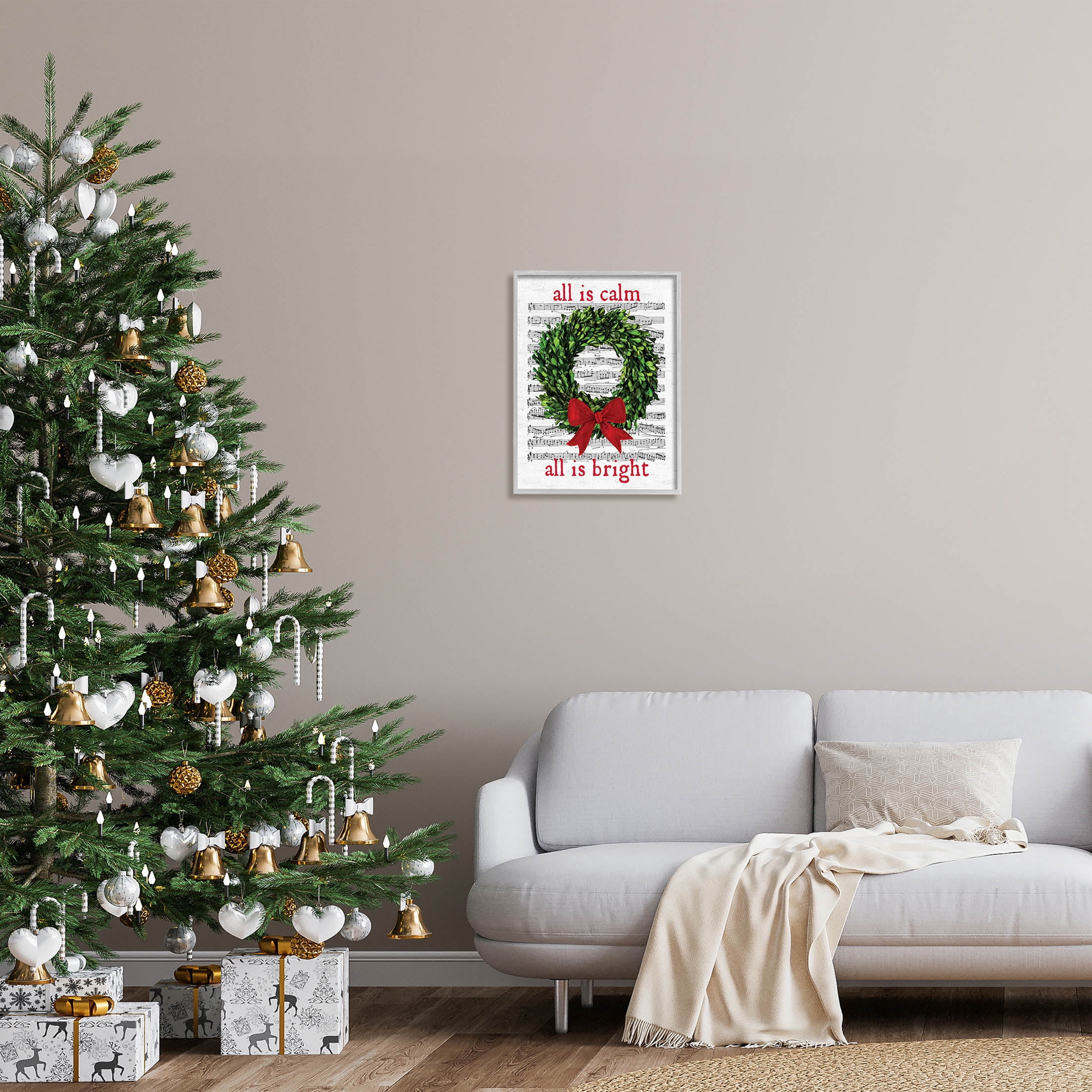 Stupell Industries All Is Calm Christmas Song Graphic Art Gray Framed Art Print Wall Art, Design by Lettered and Lined