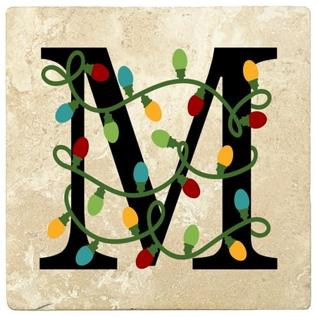 

[Set of 4] 4 Square Absorbent Travertine Christmas Lights Monogram Coaster Set Letter M