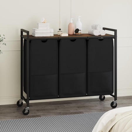 Laundry Sorter with Wheels, 3-Section Rolling Hamper with 100lb Top Shelf, Pull-Out Fabric Bags, Rustic Brown/Black