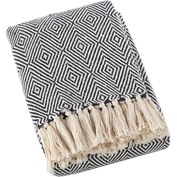 Fennco Styles Sevan Collection Soft 100% Cotton Diamond Weave Throw Blanket, 50" W x 60" L (Navy Blue)