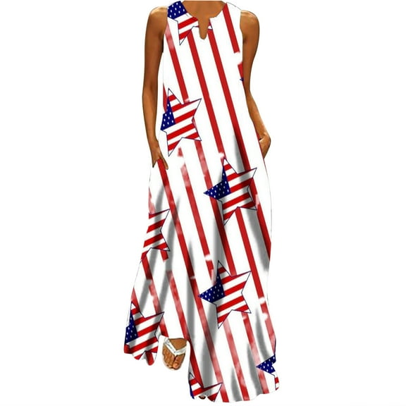 ibuvkizy Womens 4th of July Maxi Dresses Casual Red White Blue Dress Stars Graphic Sleeveless Dresses Trendy Independence Day V Neck Summer Dresses for Women 2025 White M