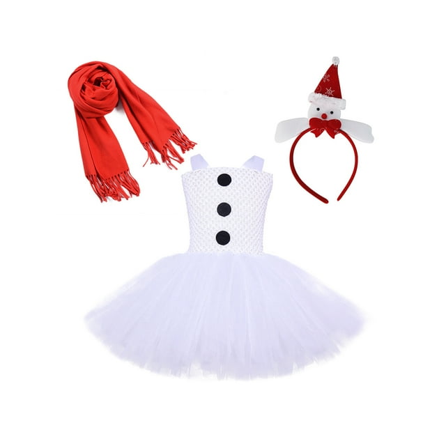 Diconna Costume de Bonhomme de Neige pour Filles Robe en Tulle Cosplay avec Couvre-Chef Rouge pour Fête de Cosplay de Noël