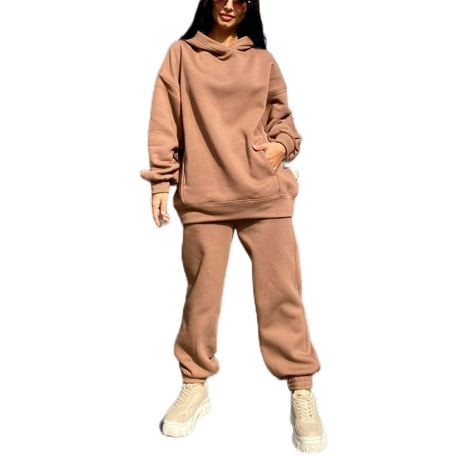 LUXUR Ladies Jogger Set Solid Color Two Piece Outfit Long Sleeve Sweatsuits Drawstring Trousers Lounge Sets Plain Camel L