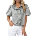 thumbnail image 3 of RongHuan Women's Ruffle Striped Shirts Summer Short Puff Sleeve Stand Collar Fashion Work Casual Loose Blouse, 3 of 8