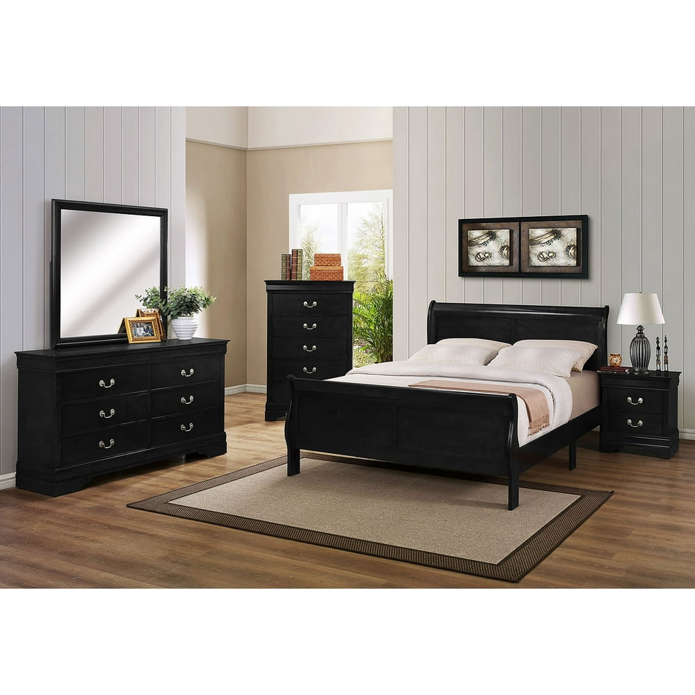 Traditional 4pc King Size Bed Set Dresser Mirror Nightstand Black